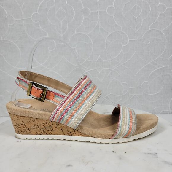 Abella Sicilia Wedge Sandals Womens 9 Pink Stripe Strap Cork Buckle Comfort - Picture 15 of 16